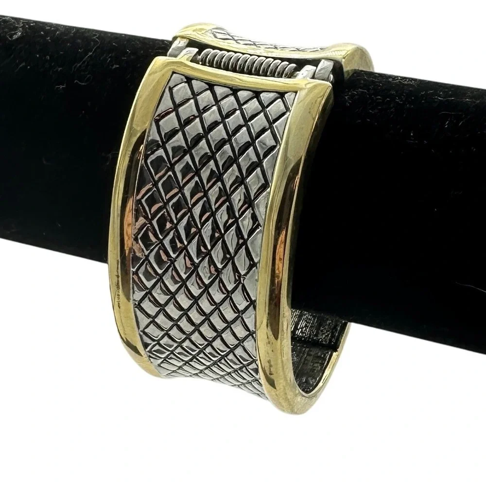 Gold & Silver Tone Cuff Bangle Bracelet Two Tone Diamond Weave‎ Fashion Jewelry